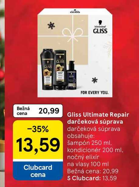 Gliss Ultimate Repair darčeková súprava obsahuje: šampón 250 ml, kondicionér 200 ml, nočný elixír na vlasy 100 ml