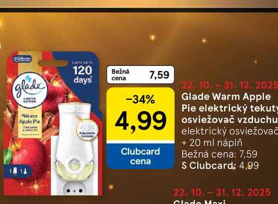 Glade Warm Apple Pie elektrický tekuty osviežovač vzduchu elektrický osviežovač + 20 ml náplň 