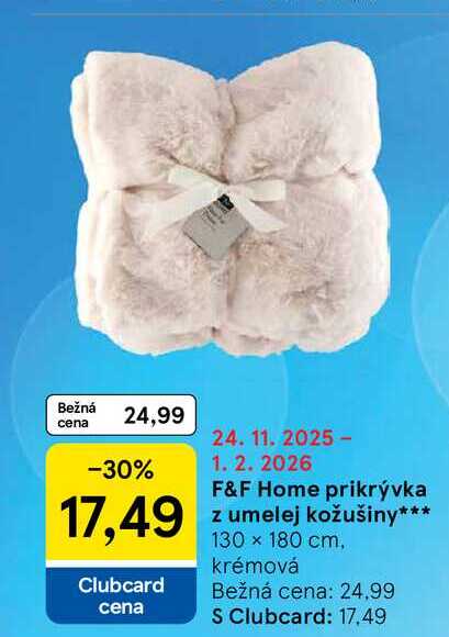 F&F Home prikrývka z umelej kožušiny 130 x 180 cm, krémová 