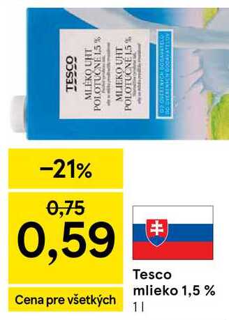TESCO MLIEKO POLOTUČNÉ 1.5% 1l