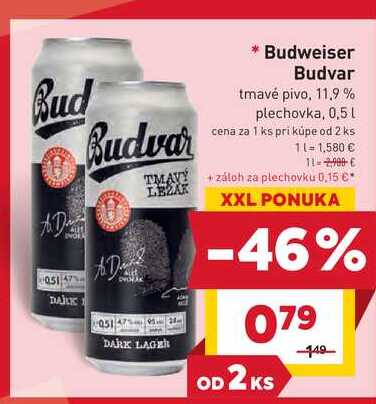Budweiser Budvar tmavé pivo, 11,9% plechovka, 0,5 L 