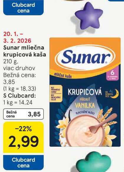 Sunar mliečna krupicová kaša 210 g