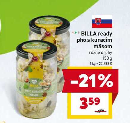 BILLA ready pho s kuracím mäsom rôzne druhy 150 g