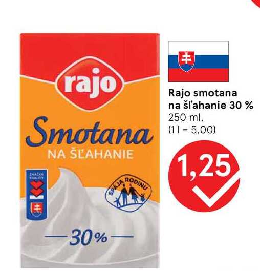 Rajo smotana na šľahanie 30 % 250 ml