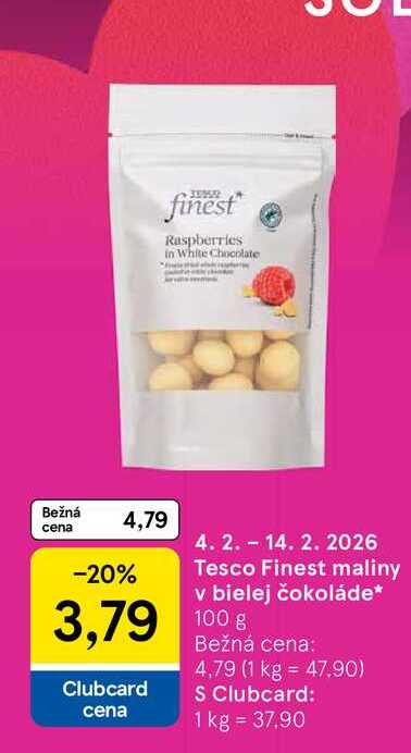 Tesco Finest maliny v bielej čokoláde 100 g 