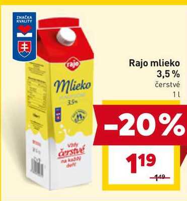 Rajo mlieko 3,5% čerstvé 1l