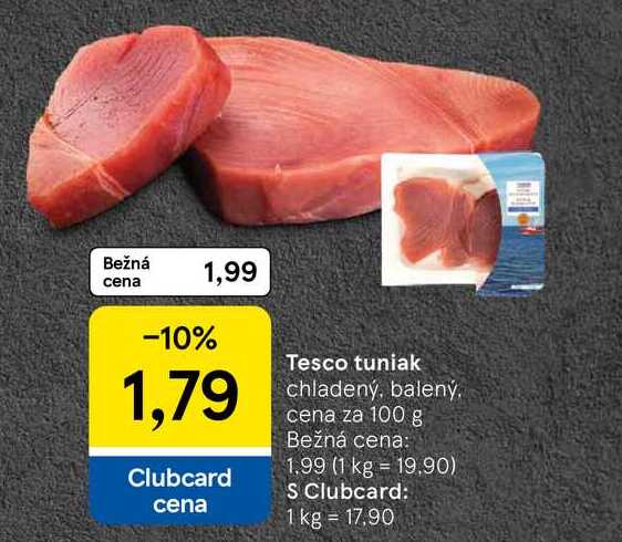 Tesco tuniak chladený, balený cena za 100 g 