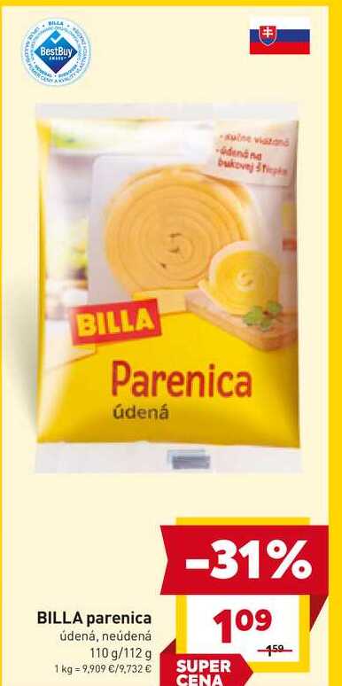 BILLA parenica údená, neúdená 110 g/112 g 