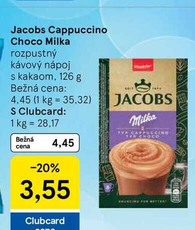 Jacobs Cappuccino Choco Milka rozpustný kávový nápoj s kakaom, 126 g