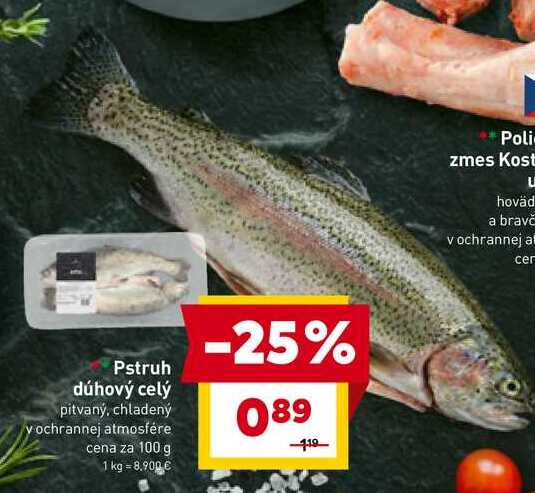 Pstruh dúhový celý pitvaný, chladený y ochrannej atmosfére cena za 100 g