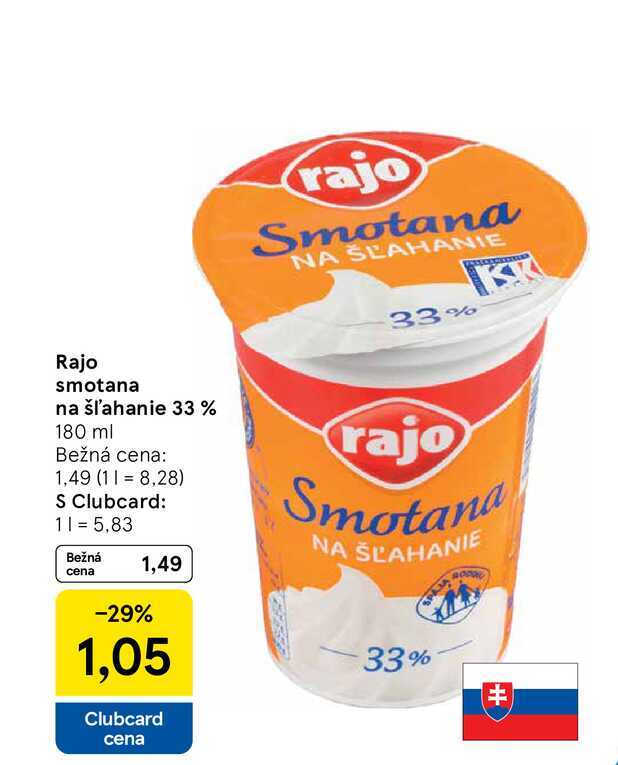 Rajo smotana na šľahanie 33% 180 ml  v akcii