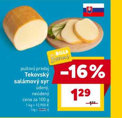 Tekovský salámový syr údený, neúdený cena za 100 g 