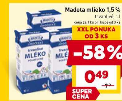 Madeta mlieko 1,5% trvanlivé, 1L 