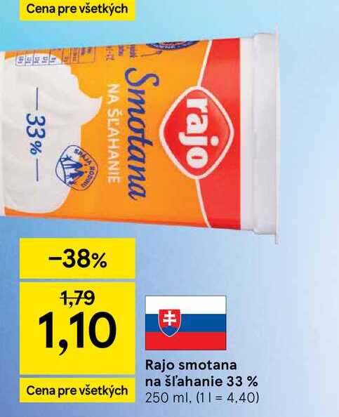 Rajo smotana na šľahanie 33 % 250 ml v akcii