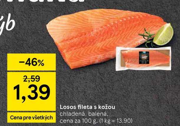 Losos fileta s kožou chladená, balená, cena za 100 g