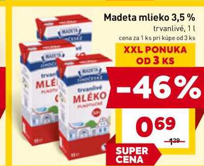Madeta mlieko 3,5% trvanlivé, 1 l v akcii