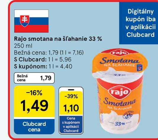 Rajo smotana na šľahanie 33 % 250 ml  v akcii