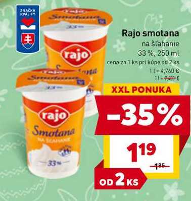 Rajo smotana na šľahanie 33%, 250 ml