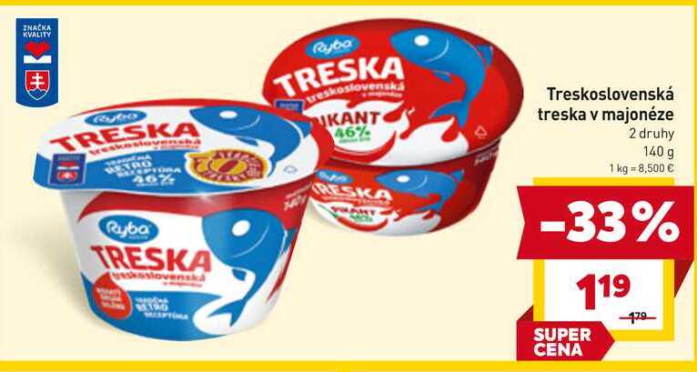 Treskoslovenská treska v majonéze 2 druhy 140 g 