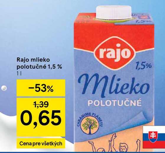 Rajo mlieko polotučné 1,5 % 1l
