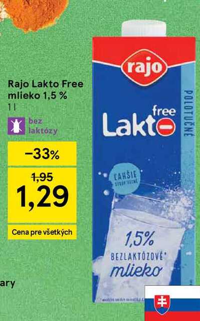 Rajo Lakto Free mlieko 1,5 % 1l