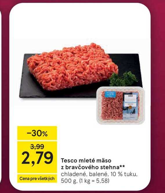 Tesco mleté mäso z bravčového stehna chladené, balené, 10 % tuku 500 g
