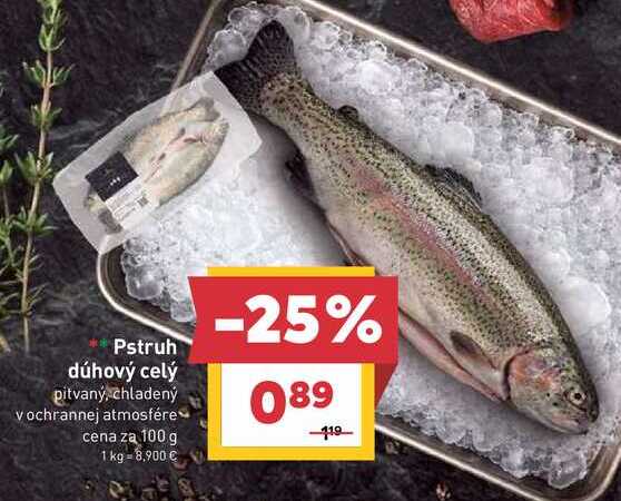 Pstruh dúhový celý pitvaný, chladený cena za 100 g 