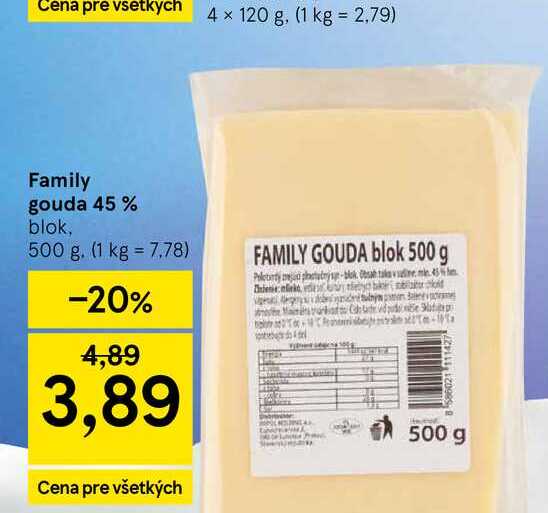 Family gouda 45 % blok, 500 g