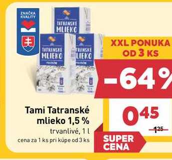 Tami Tatranské mlieko 1,5% trvanlivé, 1 L