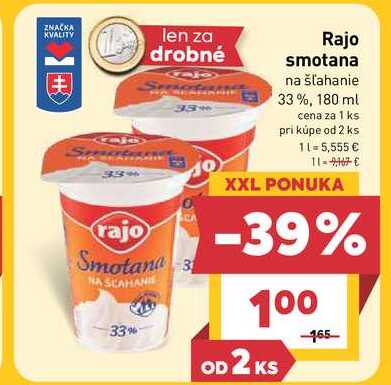 Rajo smotana na šľahanie 33%, 180 ml 