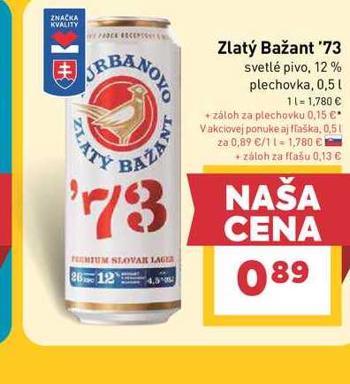 Zlatý Bažant '73 svetlé pivo, 12% plechovka, 0,5l
