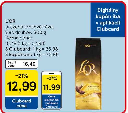 L'OR pražená zrnková káva, viac druhov, 500 g v akcii