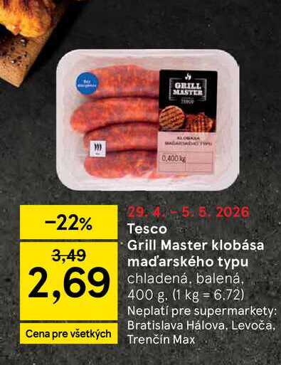 Tesco Grill Master klobása maďarského typu chladená, balená 400 g