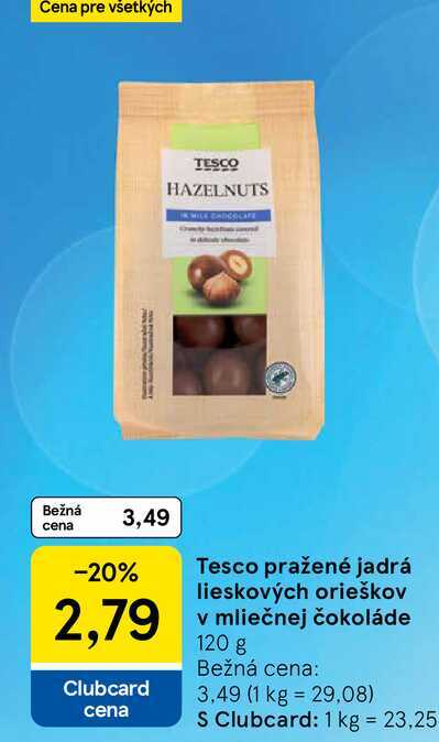 Tesco pražené jadrá lieskových orieškov v mliečnej čokoláde 120 g 
