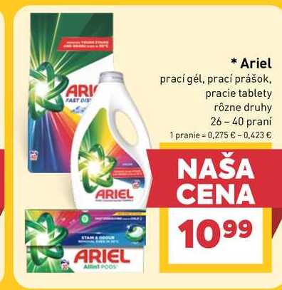 Ariel prací gél, prací prášok, pracie tablety rôzne druhy 26-40 praní 