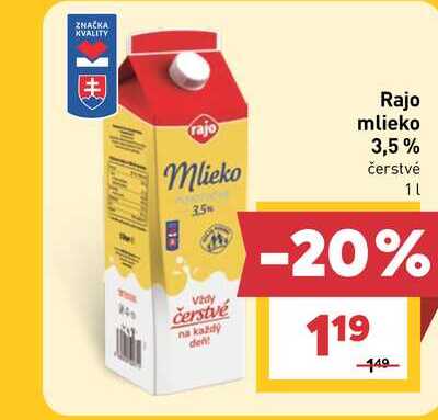 Rajo mlieko 3,5% čerstvé 1L v akcii