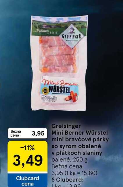 Greisinger Mini Berner Würstel mini bravčové párky so syrom obalené v plátkoch slaniny balené 250 g