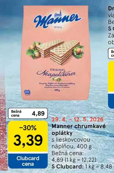 Manner chrumkavé oplátky s lieskovcovou náplňou, 400 g v akcii