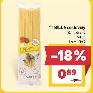 BILLA cestoviny rôzne druhy 500 g