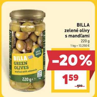 BILLA zelené olivy s mandľami 220 g