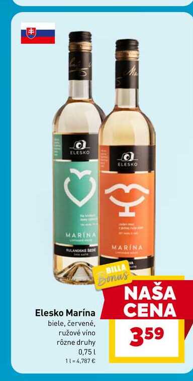 Elesko Marína biele, červené, ružové víno rôzne druhy 0,75 L 