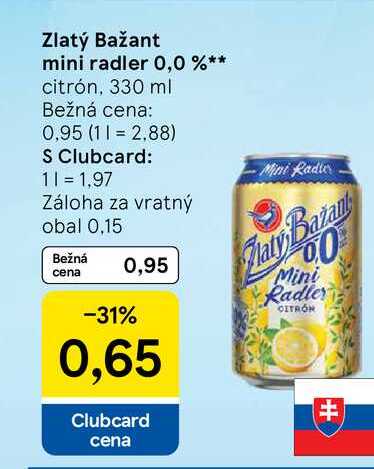 Zlatý Bažant mini radler 0,0 % citrón, 330 ml
