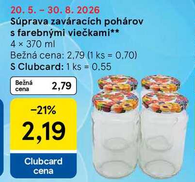 Súprava zaváracích pohárov s farebnými viečkami 4 x 370 ml