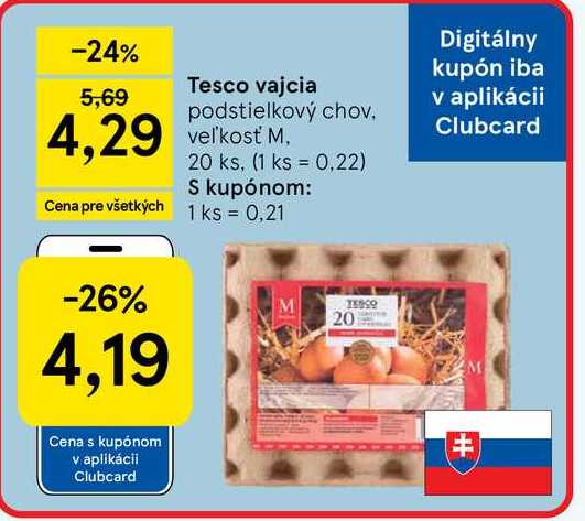 Tesco vajcia podstielkový chov veľkosť M. 20 ks