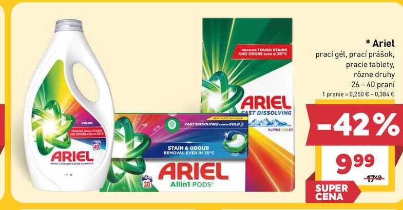 Ariel prací gél, prací prášok, pracie tablety, rôzne druhy 26-40 praní