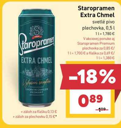 Staropramen Extra Chmel svetlé pivo plechovka, 0,5l v akcii