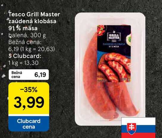 Tesco Grill Master zaúdená klobása 91% mäsa balená, 300 g