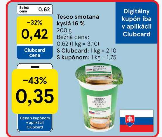 Tesco smotana kyslá 16 % 200 g  v akcii