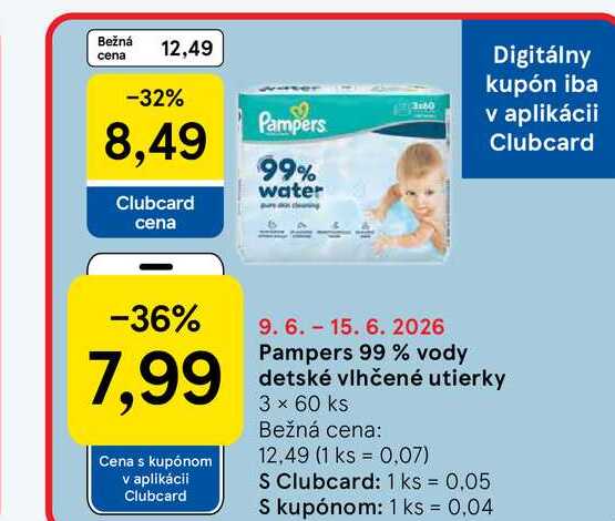 Pampers 99 % vody detské vlhčené utierky 3 x 60 ks
