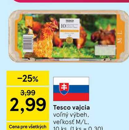 Tesco vajcia voľný výbeh, veľkosť M/L 10 ks